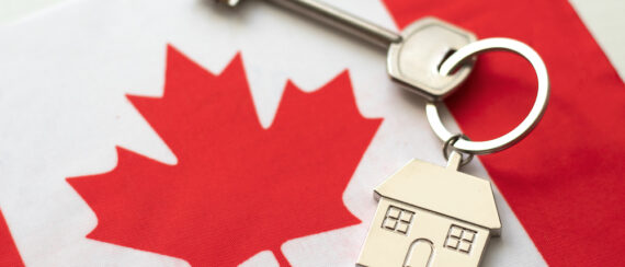 House with the flag of Canada. Immigration to Canada. Buying real estate. Houses for rent in Ottawa. Property price. Acquisition of real estate in another state.
